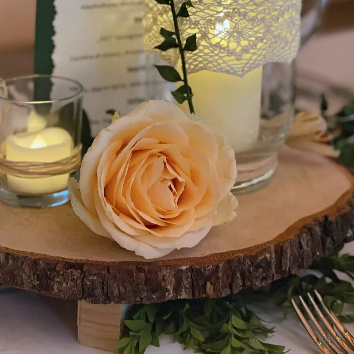 apricotfarbene Rose und Windlicht mit Spitzenband auf einer Baumscheibe